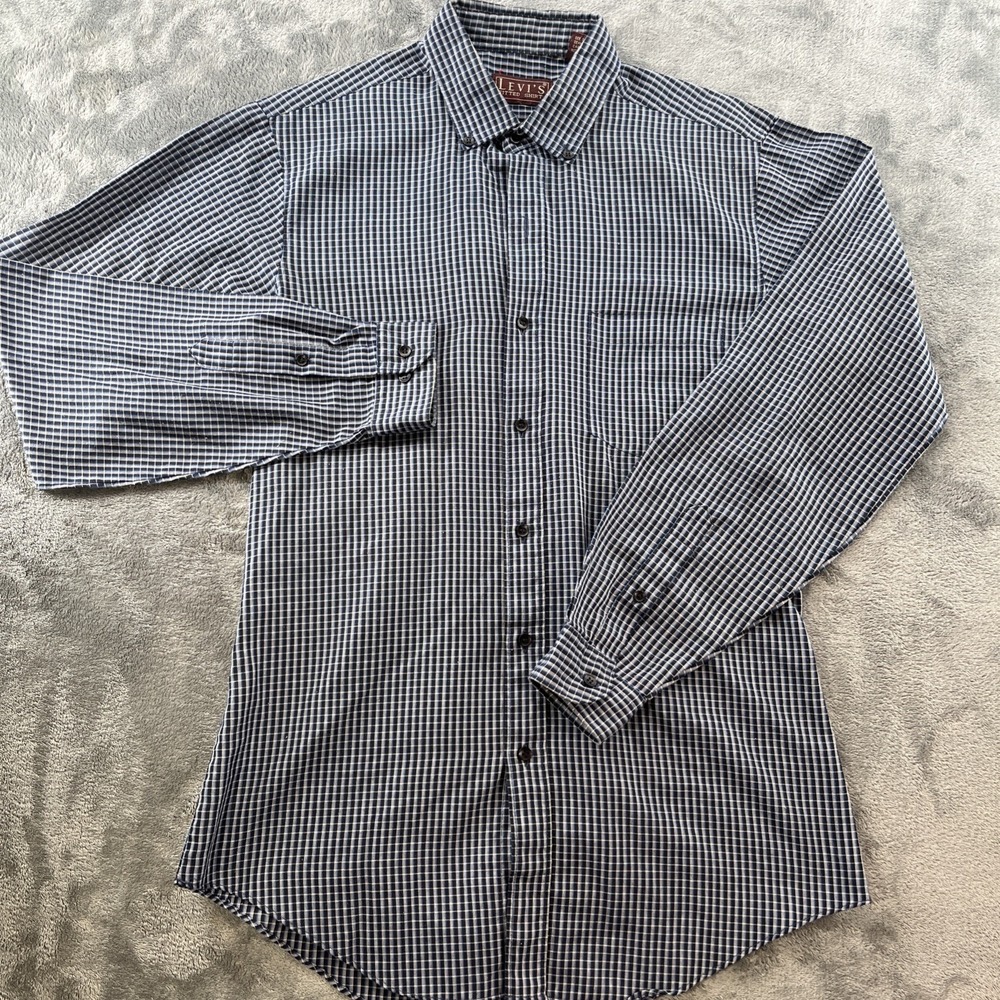 Vintage Levi's Fitted‎ Shirt Blue Plaid Checker Size Medium